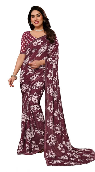 Mayawye Women's Georgette Printed Saree With Unstitched Blouse 5.5Mtr (Brown)