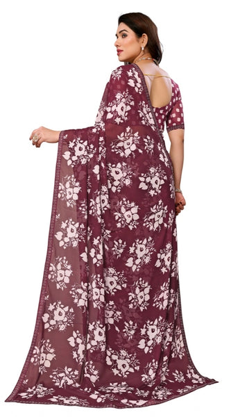 Mayawye Women's Georgette Printed Saree With Unstitched Blouse 5.5Mtr (Brown)