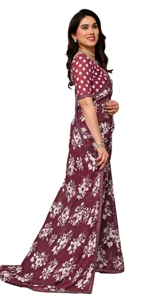 Mayawye Women's Georgette Printed Saree With Unstitched Blouse 5.5Mtr (Brown)