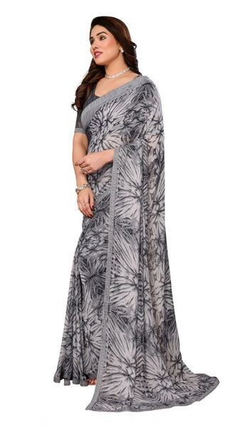 Mayawye Women's Georgette Printed Saree With Unstitched Blouse 5.5Mtr (Grey)
