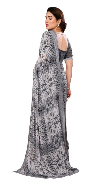 Mayawye Women's Georgette Printed Saree With Unstitched Blouse 5.5Mtr (Grey)