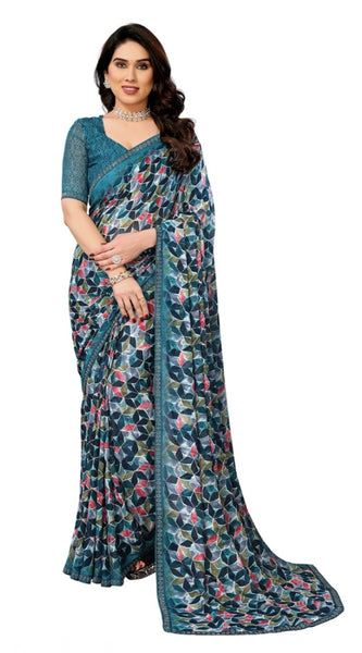 Mayawye Women's Georgette Printed Saree With Unstitched Blouse 5.5Mtr (Sky Blue)
