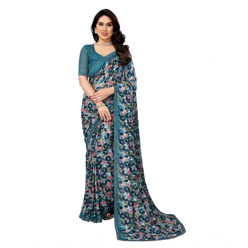 Mayawye Women's Georgette Printed Saree With Unstitched Blouse 5.5Mtr (Sky Blue)
