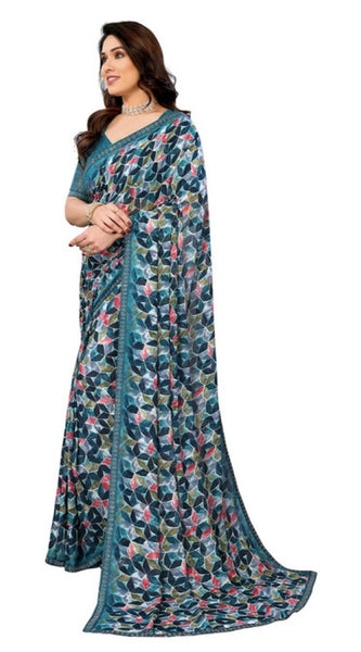 Mayawye Women's Georgette Printed Saree With Unstitched Blouse 5.5Mtr (Sky Blue)