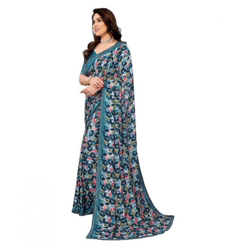 Mayawye Women's Georgette Printed Saree With Unstitched Blouse 5.5Mtr (Sky Blue)