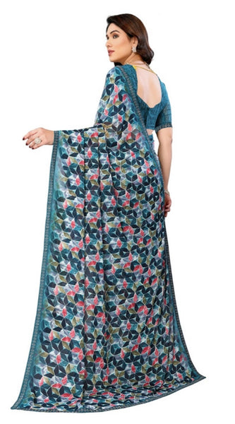 Mayawye Women's Georgette Printed Saree With Unstitched Blouse 5.5Mtr (Sky Blue)