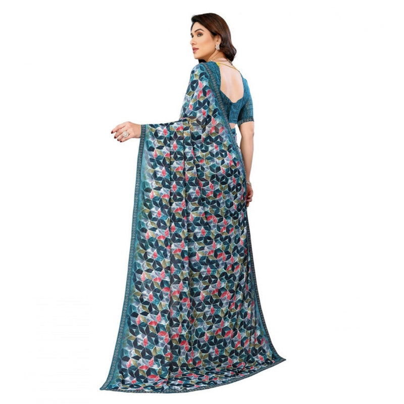 Mayawye Women's Georgette Printed Saree With Unstitched Blouse 5.5Mtr (Sky Blue)