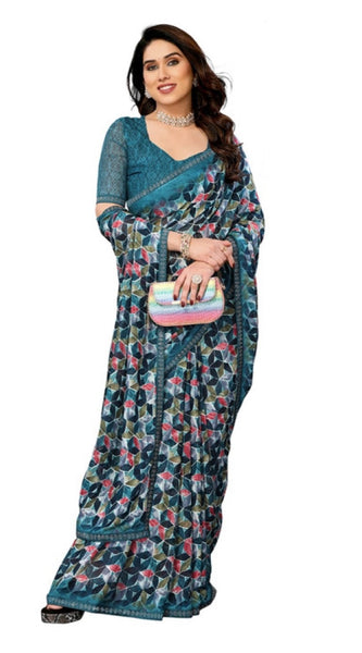 Mayawye Women's Georgette Printed Saree With Unstitched Blouse 5.5Mtr (Sky Blue)