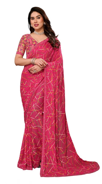 Mayawye Women's Georgette Printed Saree With Unstitched Blouse 5.5Mtr (Red)