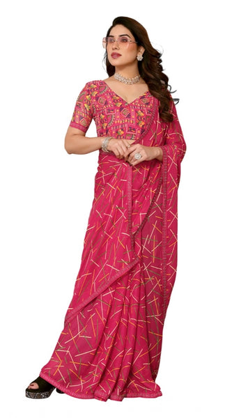 Mayawye Women's Georgette Printed Saree With Unstitched Blouse 5.5Mtr (Red)