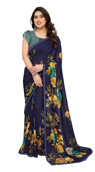 Mayawye Women's Georgette Printed Saree With Unstitched Blouse 5.5Mtr (Navy Blue)