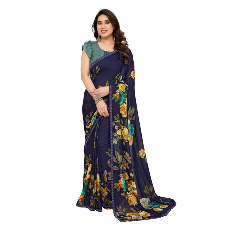Mayawye Women's Georgette Printed Saree With Unstitched Blouse 5.5Mtr (Navy Blue)