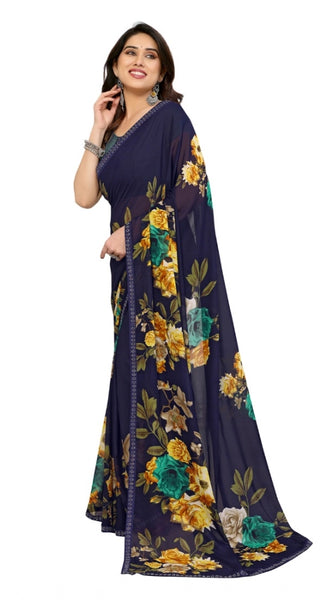 Mayawye Women's Georgette Printed Saree With Unstitched Blouse 5.5Mtr (Navy Blue)