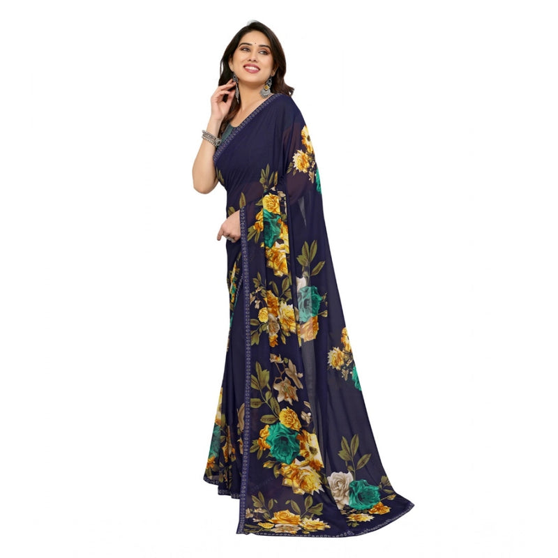 Mayawye Women's Georgette Printed Saree With Unstitched Blouse 5.5Mtr (Navy Blue)