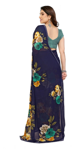 Mayawye Women's Georgette Printed Saree With Unstitched Blouse 5.5Mtr (Navy Blue)