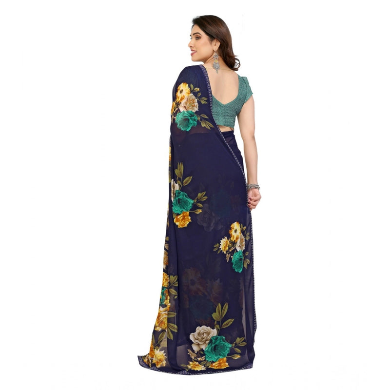 Mayawye Women's Georgette Printed Saree With Unstitched Blouse 5.5Mtr (Navy Blue)
