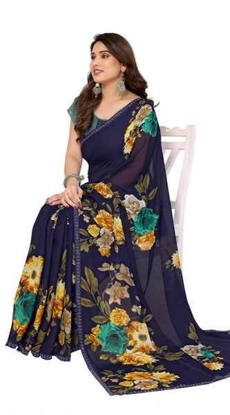 Mayawye Women's Georgette Printed Saree With Unstitched Blouse 5.5Mtr (Navy Blue)
