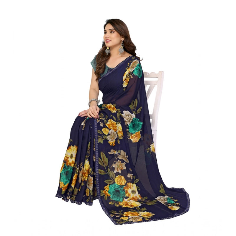 Mayawye Women's Georgette Printed Saree With Unstitched Blouse 5.5Mtr (Navy Blue)