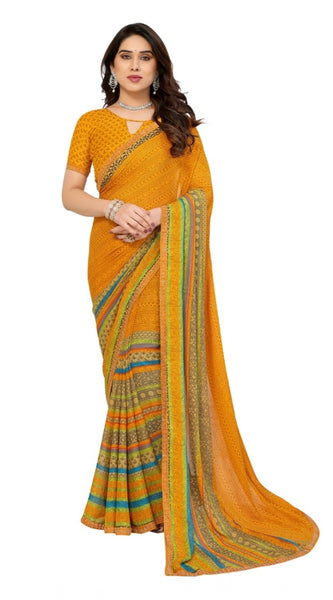 Mayawye Women's Georgette Printed Saree With Unstitched Blouse 5.5Mtr (Mustard)