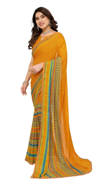 Mayawye Women's Georgette Printed Saree With Unstitched Blouse 5.5Mtr (Mustard)