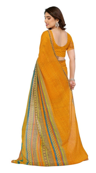Mayawye Women's Georgette Printed Saree With Unstitched Blouse 5.5Mtr (Mustard)