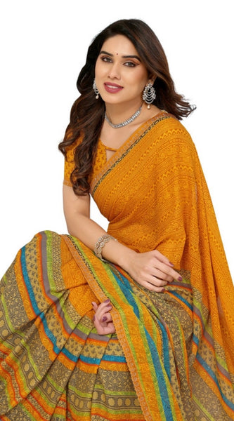 Mayawye Women's Georgette Printed Saree With Unstitched Blouse 5.5Mtr (Mustard)