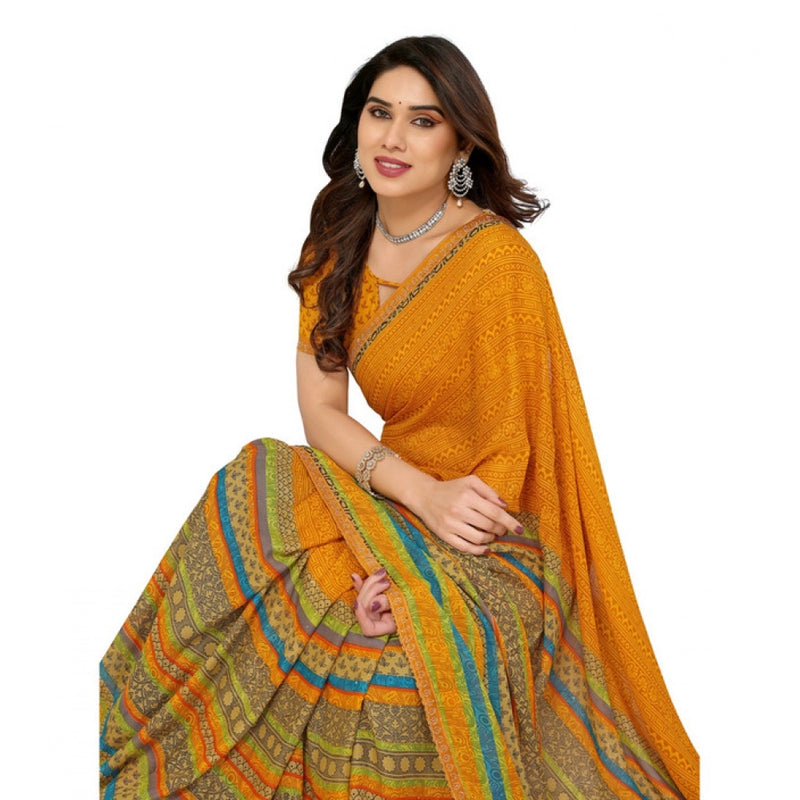 Mayawye Women's Georgette Printed Saree With Unstitched Blouse 5.5Mtr (Mustard)