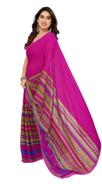 Mayawye Women's Georgette Printed Saree With Unstitched Blouse 5.5Mtr (Pink)