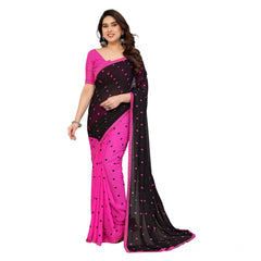 Mayawye Women's Georgette Printed Saree With Unstitched Blouse 5.5Mtr (Black-Pink)