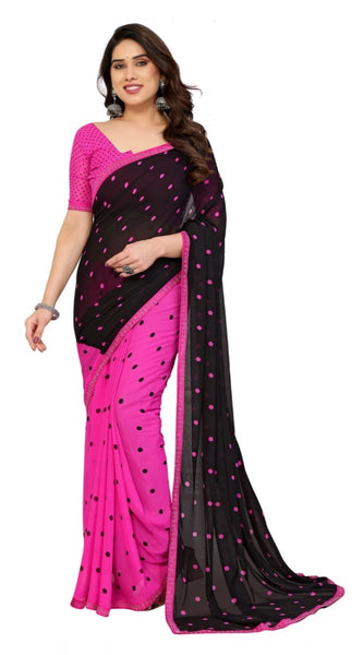 Mayawye Women's Georgette Printed Saree With Unstitched Blouse 5.5Mtr (Black-Pink)