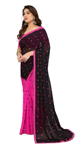 Mayawye Women's Georgette Printed Saree With Unstitched Blouse 5.5Mtr (Black-Pink)