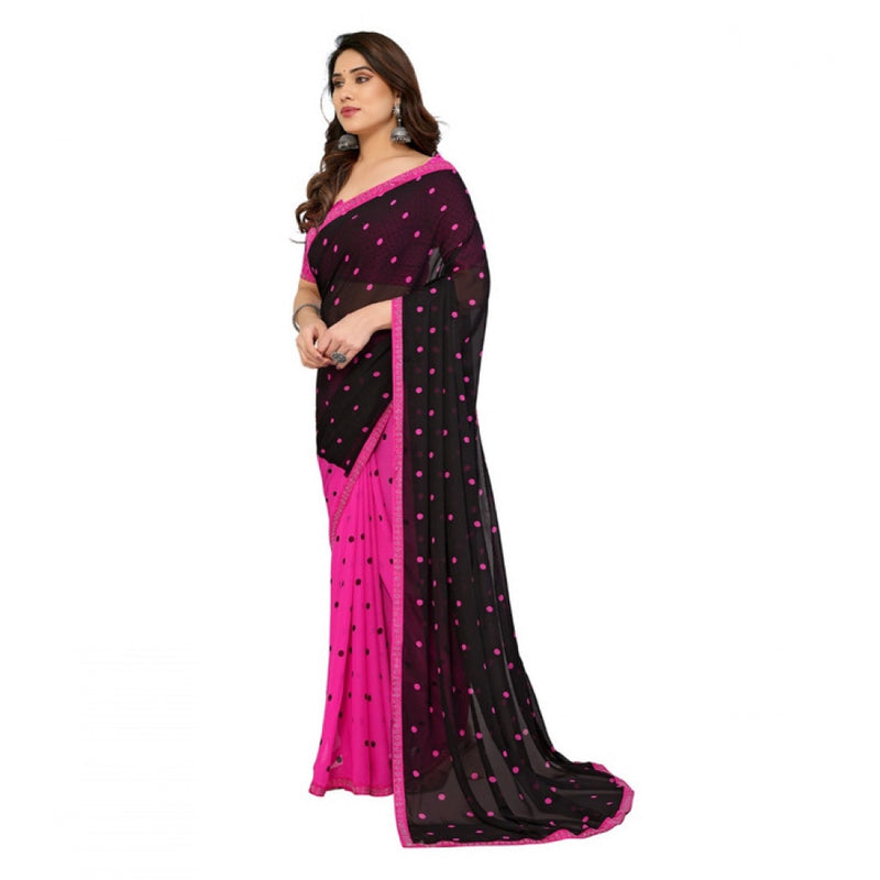 Mayawye Women's Georgette Printed Saree With Unstitched Blouse 5.5Mtr (Black-Pink)