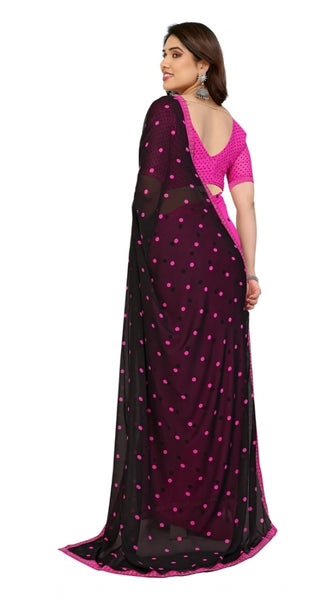 Mayawye Women's Georgette Printed Saree With Unstitched Blouse 5.5Mtr (Black-Pink)