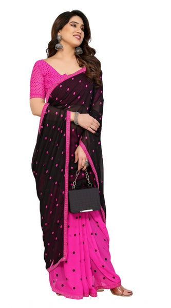 Mayawye Women's Georgette Printed Saree With Unstitched Blouse 5.5Mtr (Black-Pink)