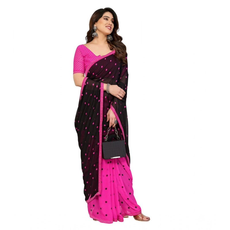 Mayawye Women's Georgette Printed Saree With Unstitched Blouse 5.5Mtr (Black-Pink)