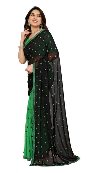 Mayawye Women's Georgette Printed Saree With Unstitched Blouse 5.5Mtr (Black-Green)
