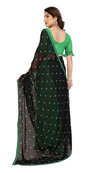 Mayawye Women's Georgette Printed Saree With Unstitched Blouse 5.5Mtr (Black-Green)