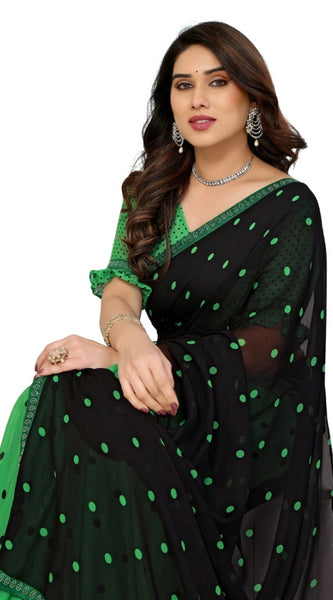 Mayawye Women's Georgette Printed Saree With Unstitched Blouse 5.5Mtr (Black-Green)
