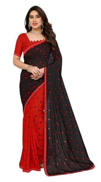 Mayawye Women's Georgette Printed Saree With Unstitched Blouse 5.5Mtr (Black-Red)
