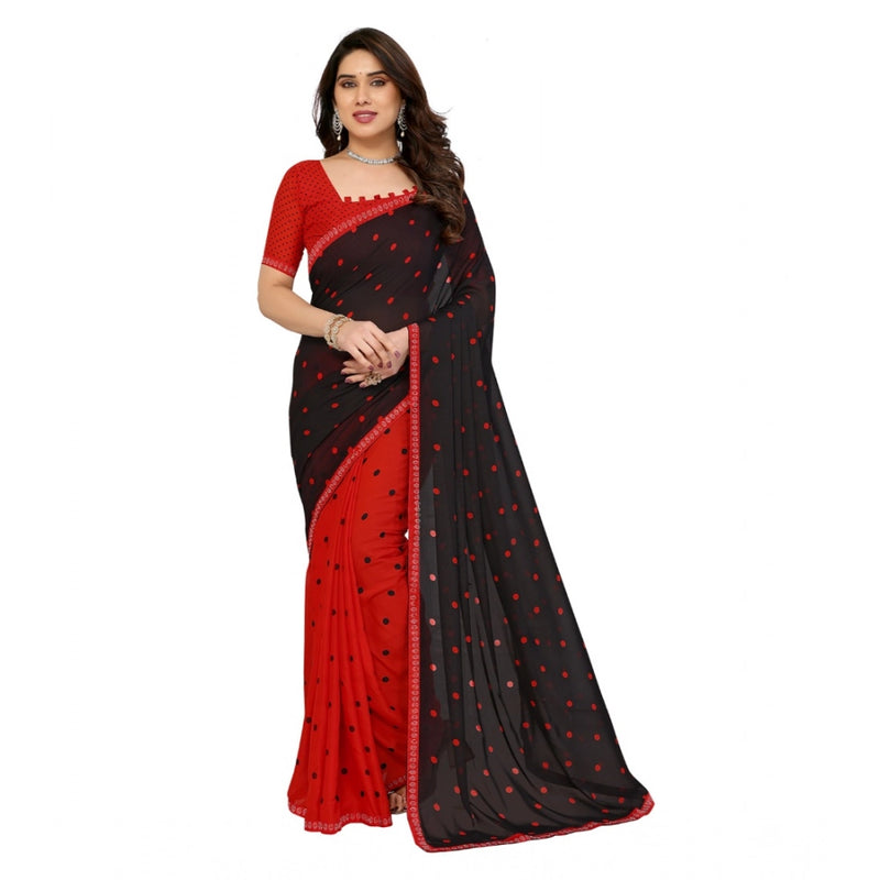 Mayawye Women's Georgette Printed Saree With Unstitched Blouse 5.5Mtr (Black-Red)
