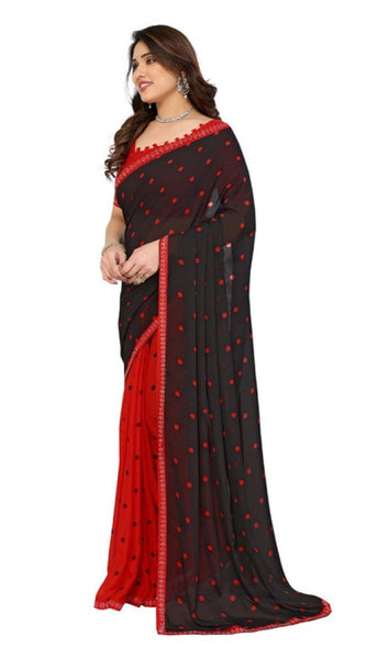 Mayawye Women's Georgette Printed Saree With Unstitched Blouse 5.5Mtr (Black-Red)