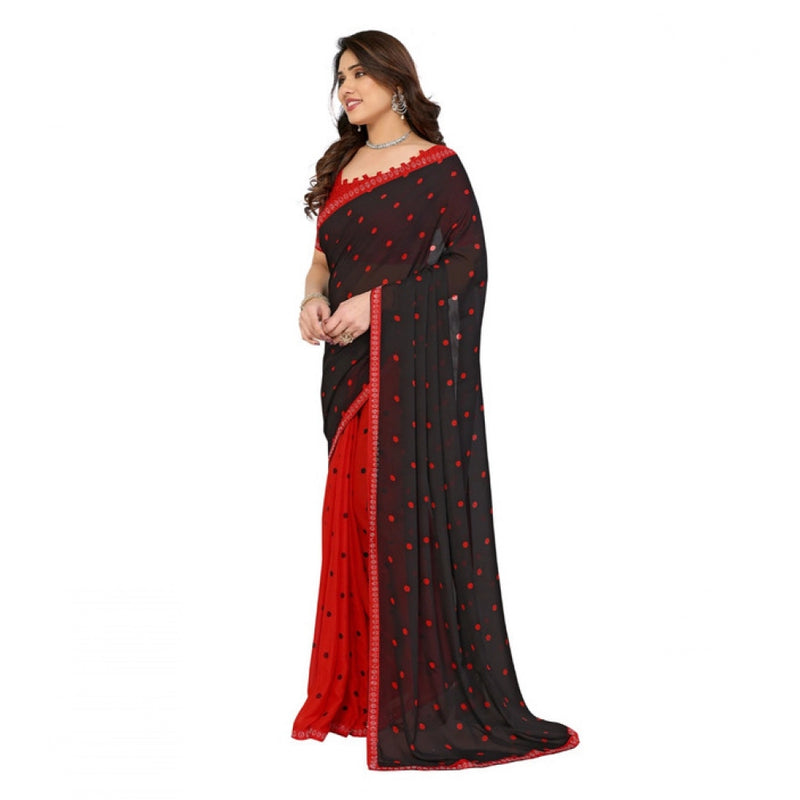 Mayawye Women's Georgette Printed Saree With Unstitched Blouse 5.5Mtr (Black-Red)