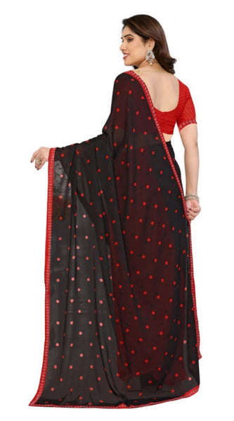 Mayawye Women's Georgette Printed Saree With Unstitched Blouse 5.5Mtr (Black-Red)