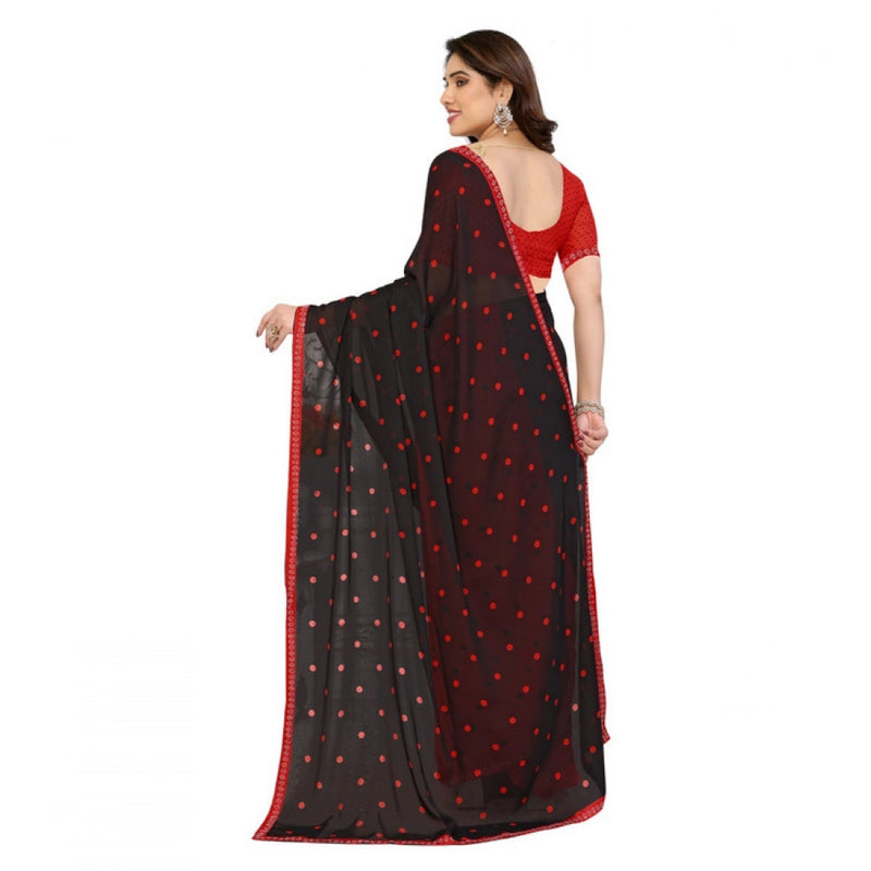 Mayawye Women's Georgette Printed Saree With Unstitched Blouse 5.5Mtr (Black-Red)