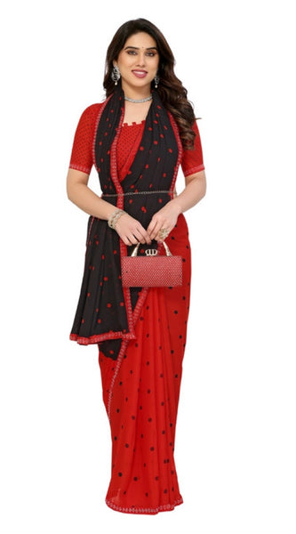 Mayawye Women's Georgette Printed Saree With Unstitched Blouse 5.5Mtr (Black-Red)
