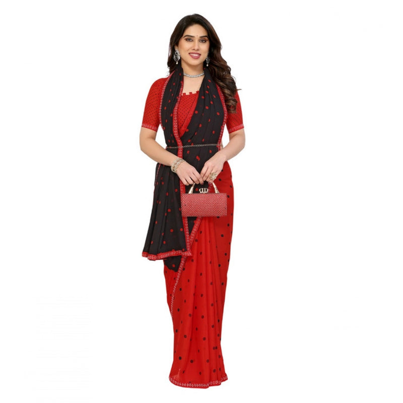 Mayawye Women's Georgette Printed Saree With Unstitched Blouse 5.5Mtr (Black-Red)