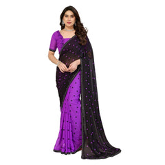 Mayawye Women's Georgette Printed Saree With Unstitched Blouse 5.5Mtr (Black-Purple)