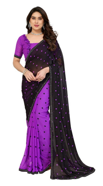 Mayawye Women's Georgette Printed Saree With Unstitched Blouse 5.5Mtr (Black-Purple)