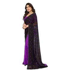Mayawye Women's Georgette Printed Saree With Unstitched Blouse 5.5Mtr (Black-Purple)