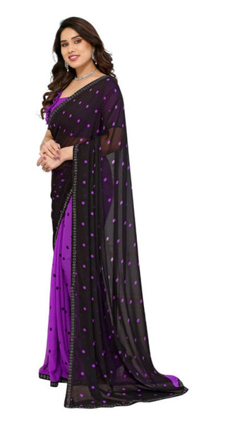 Mayawye Women's Georgette Printed Saree With Unstitched Blouse 5.5Mtr (Black-Purple)